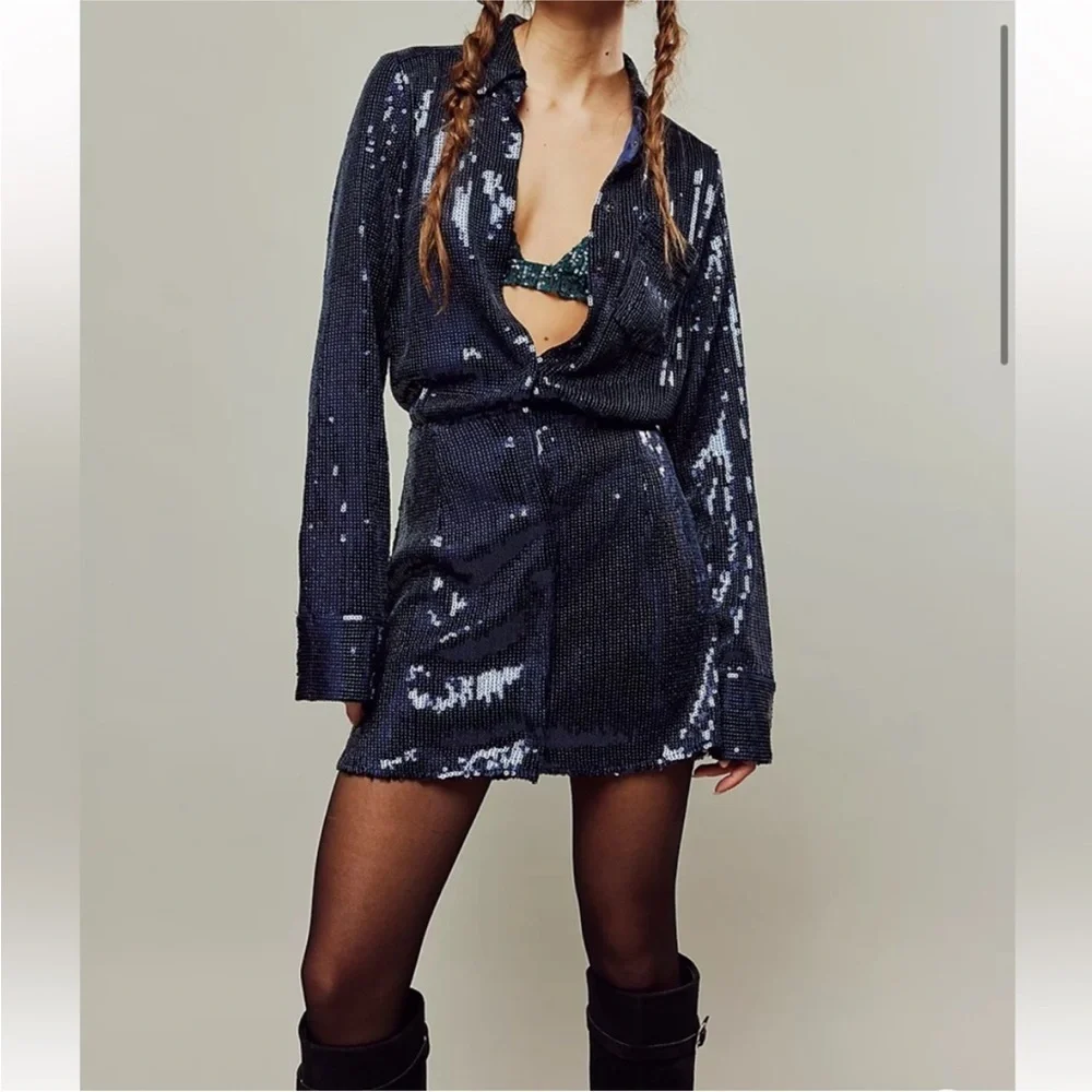 NWT Free People Sophie Navy Blue Sequin Long Sleeve Mini Dress